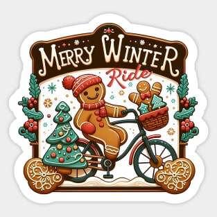 Merry Winter Ride - Gingerbread cookie riding a bike Sticker